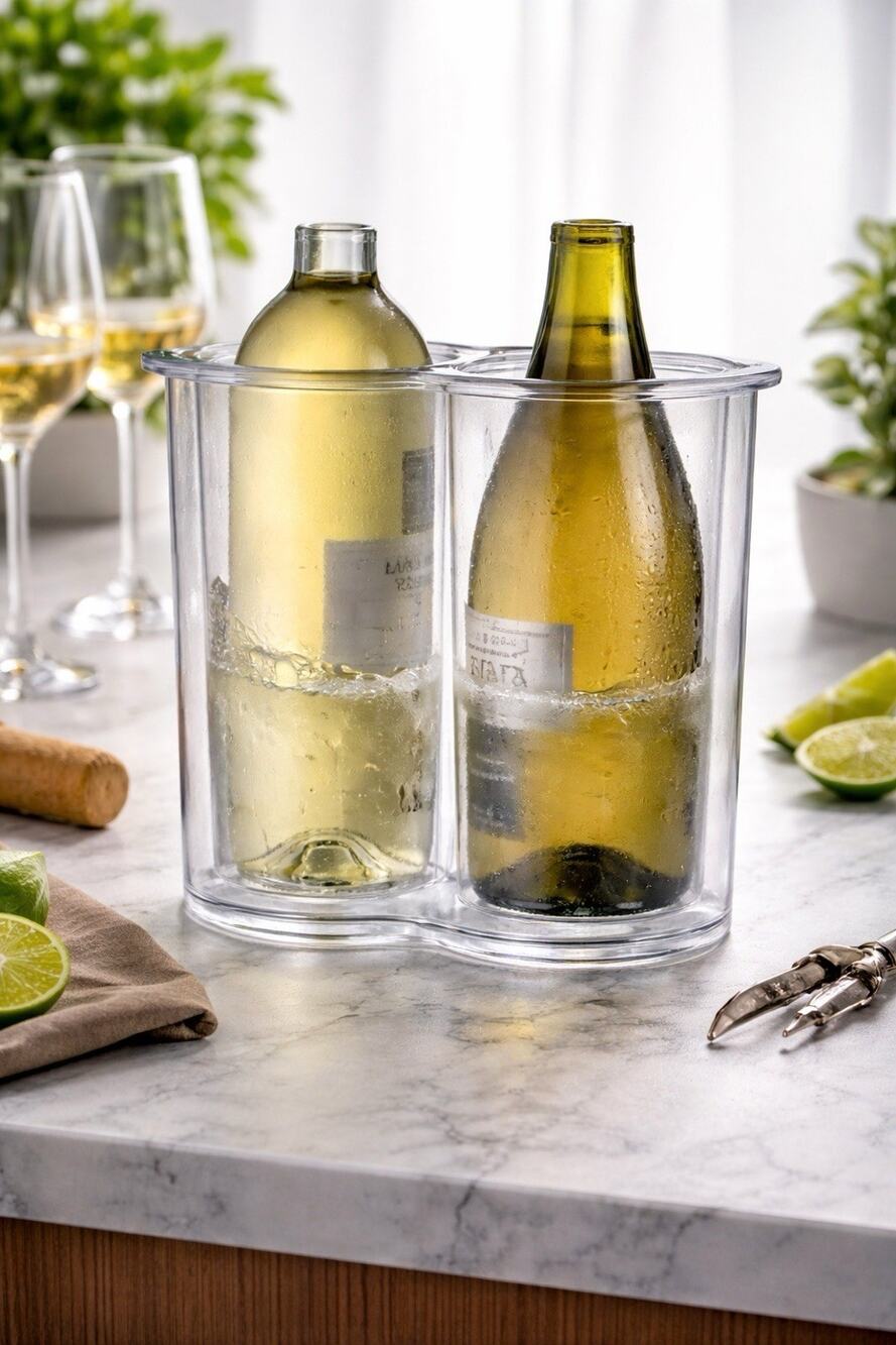 Prodyne Twin-Chill 2 Bottle Iceless Wine Cooler Acrylic Chiller Clear NEW